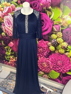Betsy & Adam Navy Lace Long-Sleeve Evening Gown